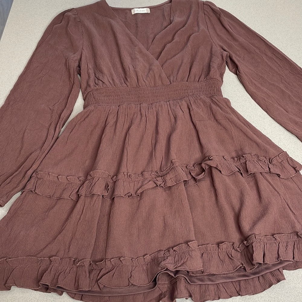 Altar'd State Mauve Long Sleeve Ruffle Wrap Dress